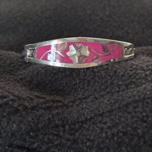 Mexican Silver Tone Pink Enamel Hinged Cuff Bracelet Artisan